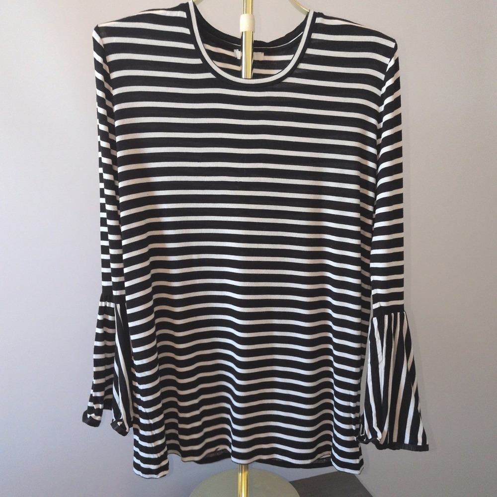 Maette‎ Striped Bell Sleeve Top Women XL Black White Ruffle Cuff Crew Neck